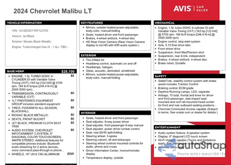 2024 Chevrolet Malibu Lt z USA, uszkodzony, nr VIN 1G1ZD5ST1RF123793